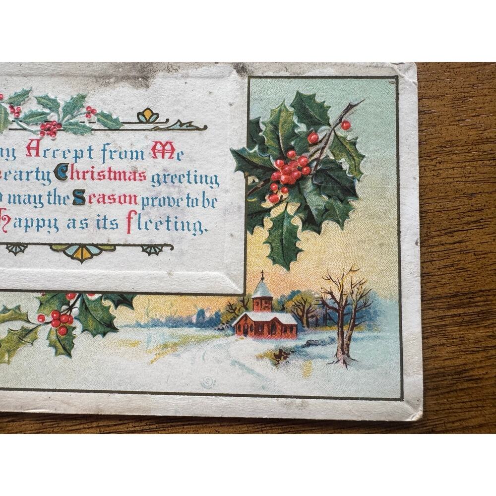 Vintage Embossed Christmas Postcard Holly Church Scene Series 1001 Unposted - Picture 3 of 8